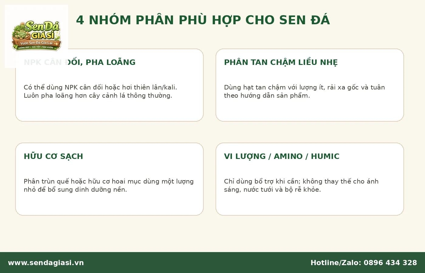 Các loại phân phù hợp cho sen đá gồm NPK pha loãng phân tan chậm và hữu cơ