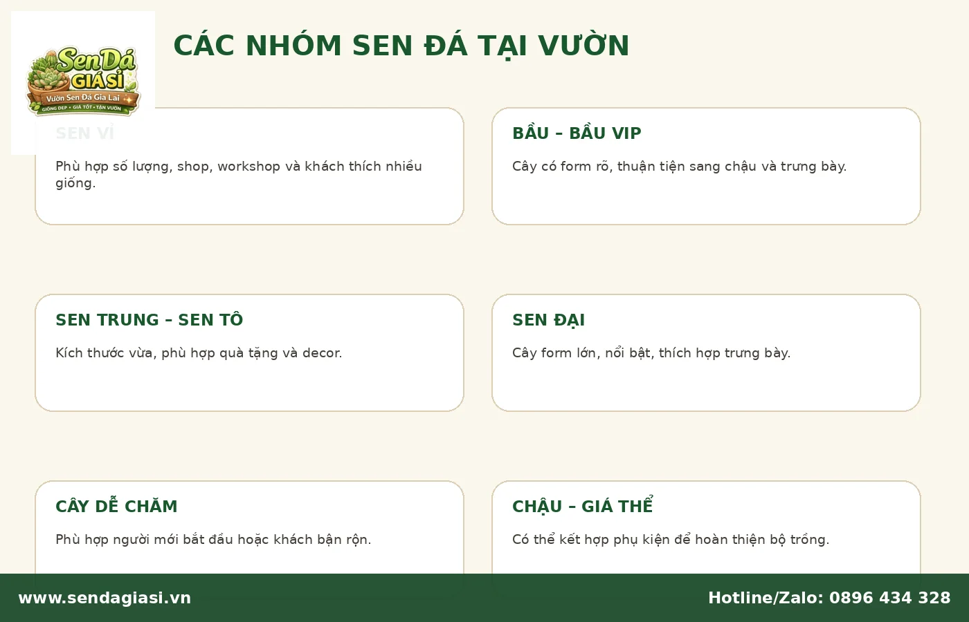 Các nhóm sản phẩm tại Vườn Sen Đá Gia Lai