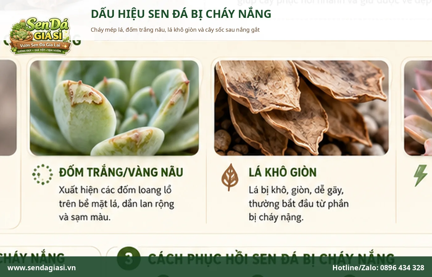 Dấu hiệu sen đá bị cháy nắng với mép lá khô cháy và đốm trắng nâu