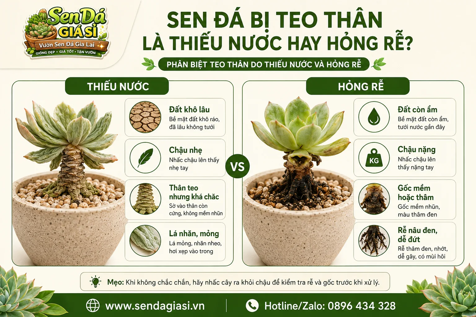 Phân biệt sen đá teo thân do thiếu nước và hỏng rễ