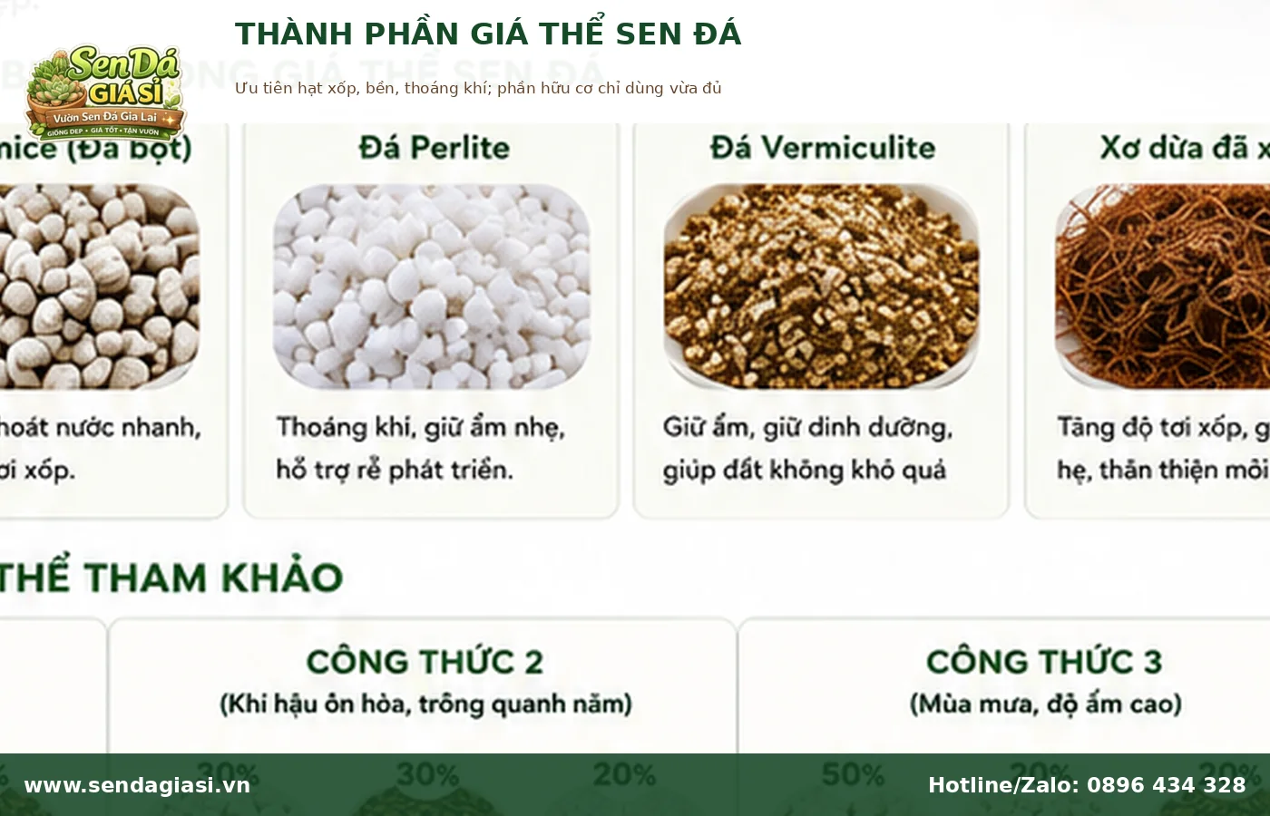 Thành phần trộn giá thể sen đá gồm pumice perlite nham thạch trấu hun và hữu cơ