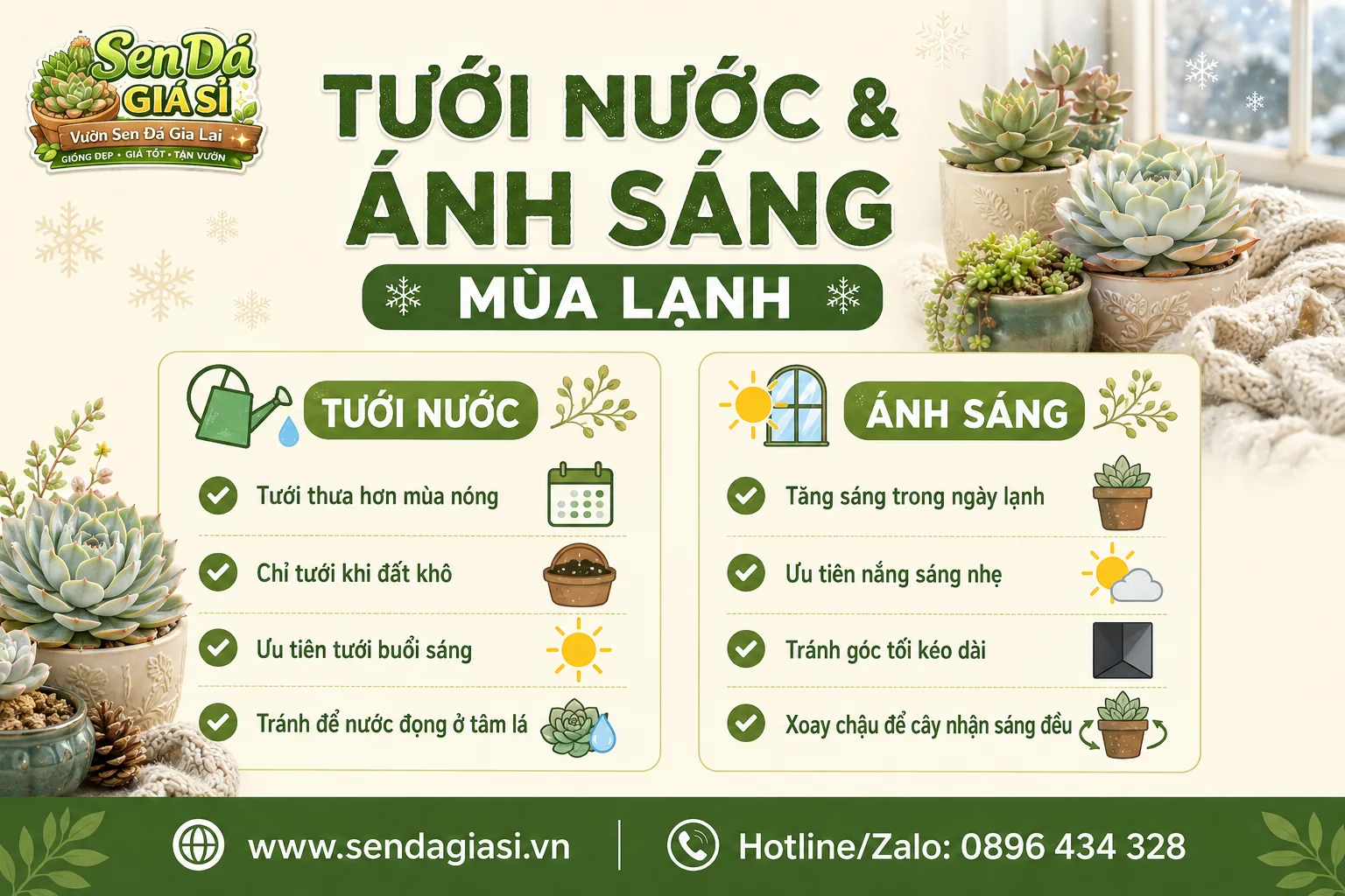 Cách tưới nước và bố trí ánh sáng cho sen đá trong mùa lạnh